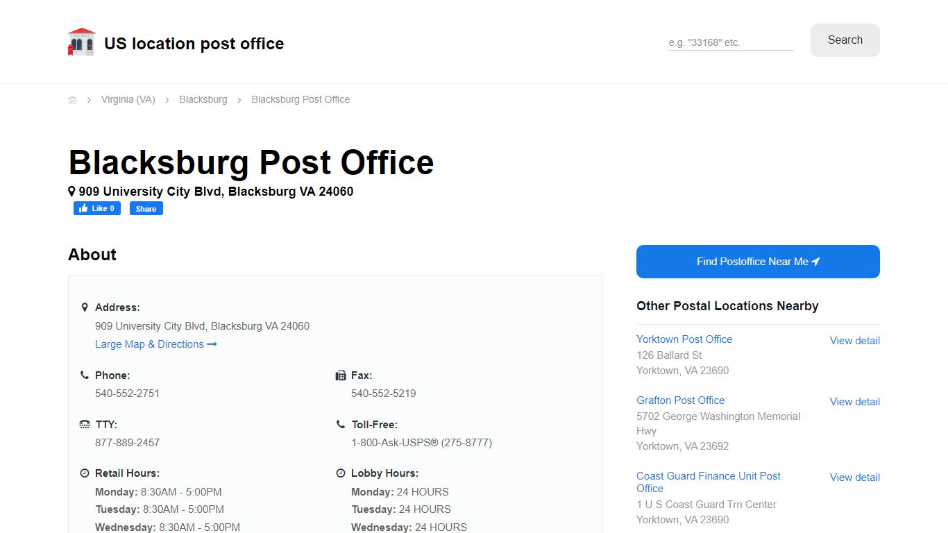 Blacksburg Post Office, VA 24060 - Hours Phone Service and Location