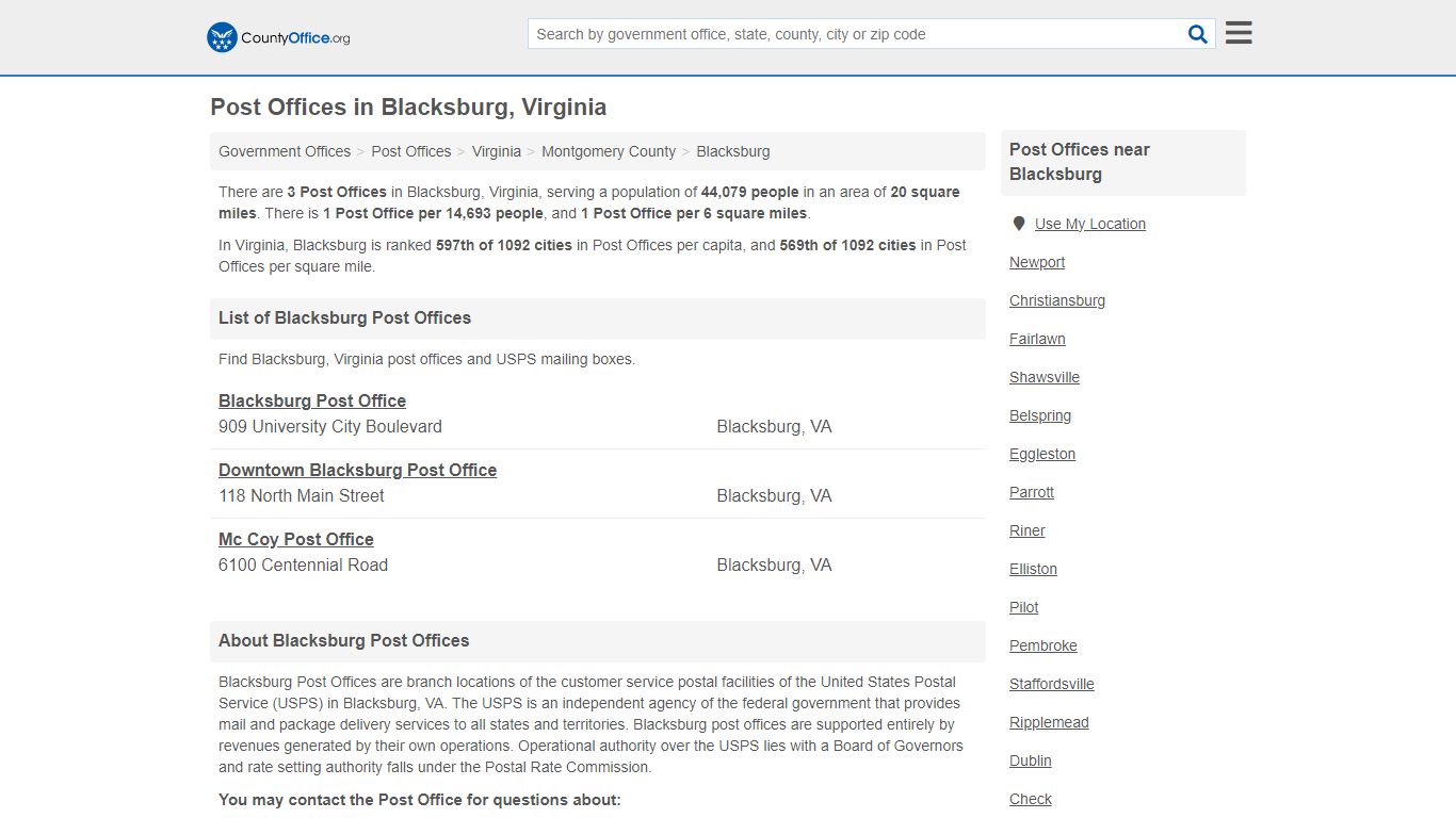 Post Offices - Blacksburg, VA (Mail Services & PO Boxes) - County Office