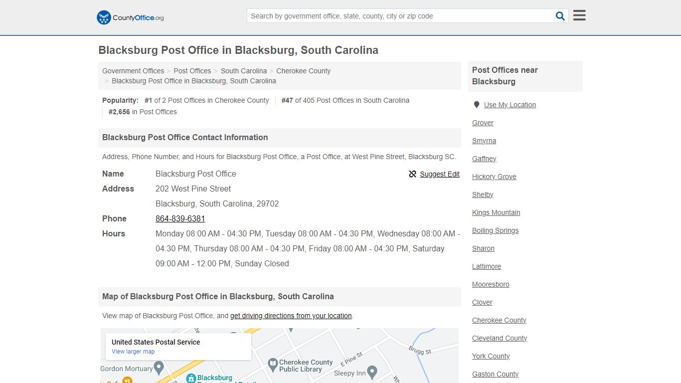 Blacksburg Post Office - Blacksburg, SC (Address, Phone, and Hours)