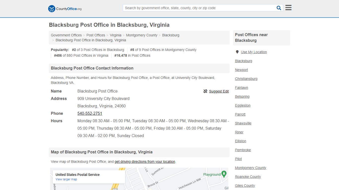 Blacksburg Post Office - Blacksburg, VA (Address, Phone, and Hours)